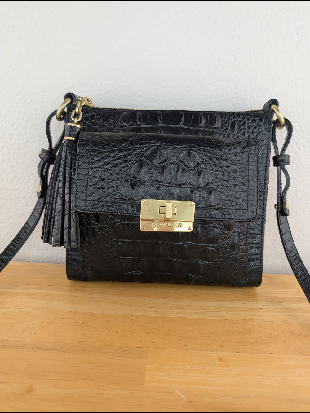Brahmin Mimosa Manhattan Black Croc-Embossed Leather Crossbody Bag Tassel Detail - Picture 2 of 16